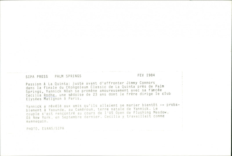 Swedish model Cécilia Rodhe and Tennis player Yannick Noah. - Vintage Photograph