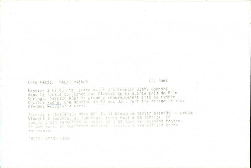 Swedish model Cécilia Rodhe and Tennis player Yannick Noah. - Vintage Photograph