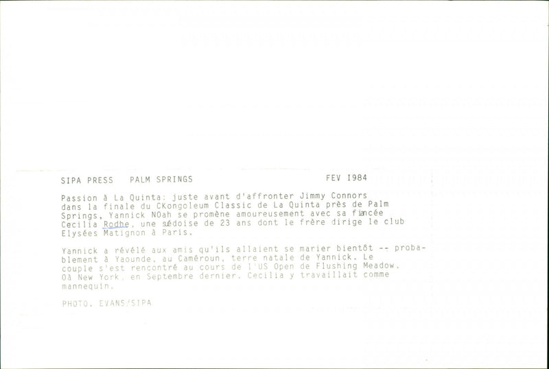 Swedish model Cécilia Rodhe and Tennis player Yannick Noah. - Vintage Photograph