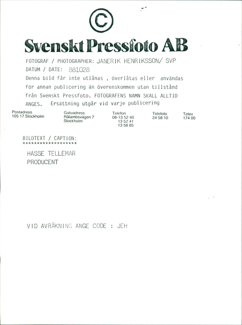 Hasse Tellemar, Musician in Stockholm. - Vintage Photograph