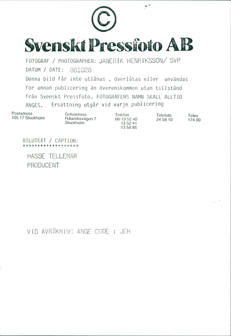 Hasse Tellemar, Musician in Stockholm. - Vintage Photograph