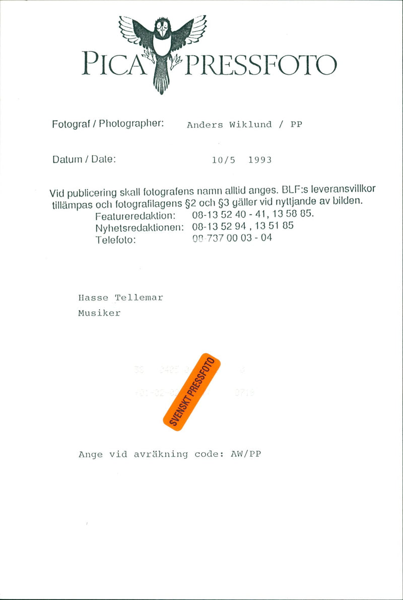 Hasse Tellemar, Musician in Stockholm. - Vintage Photograph