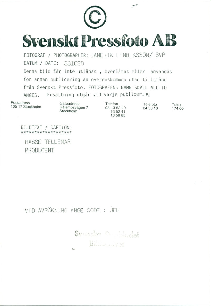 Hasse Tellemar, Musician in Stockholm. - Vintage Photograph