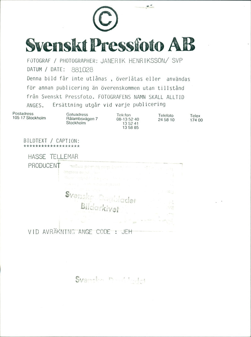 Hasse Tellemar, Musician in Stockholm. - Vintage Photograph