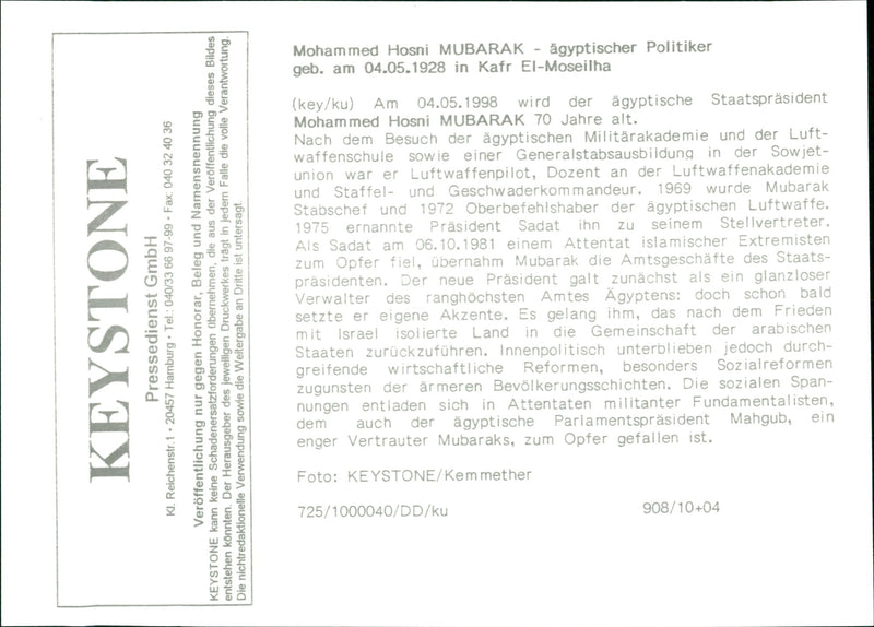 Hosni Mubarak, the Egypt Politician - Vintage Photograph