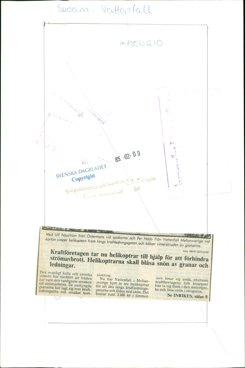Vattenfall in Sweden has hired helicopters to ride along the power lines and blow down the snow. - Vintage Photograph