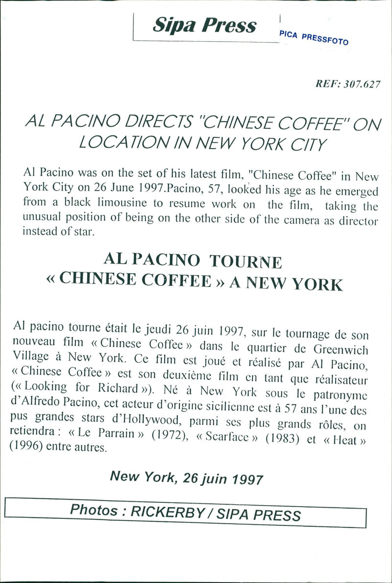 Al Pacino on the filming of Chinese Coffee - Vintage Photograph