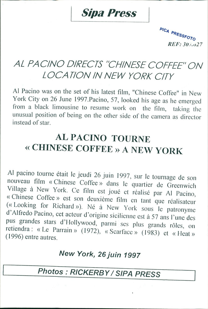 Al Pacino on the filming of Chinese Coffee - Vintage Photograph