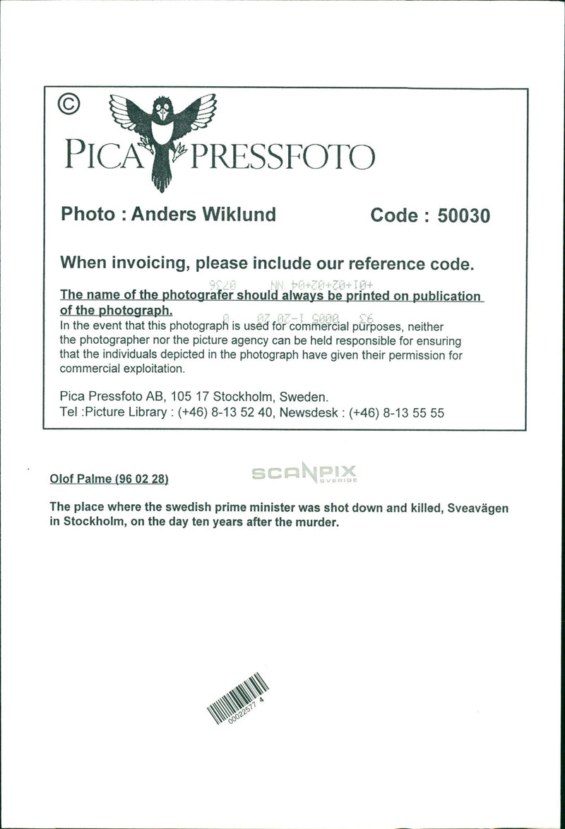 Prime Minister's of Sweden Olof Palme's death - The place where he was shot down and killed, Sveavagen in Stockholm,  ten years after the murder - Vintage Photograph