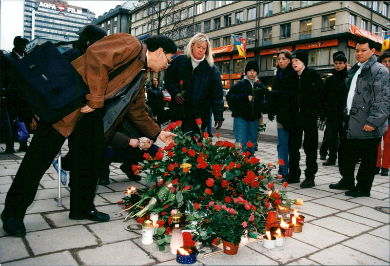 Prime Minister's of Sweden Olof Palme's death - The place where he was shot down and killed, Sveavagen in Stockholm,  ten years after the murder - Vintage Photograph