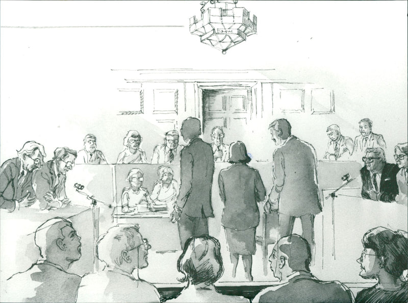 Illustration of Lisbet Palme surrounded by bodyguards in the murder trial of Olof Palme. - Vintage Photograph