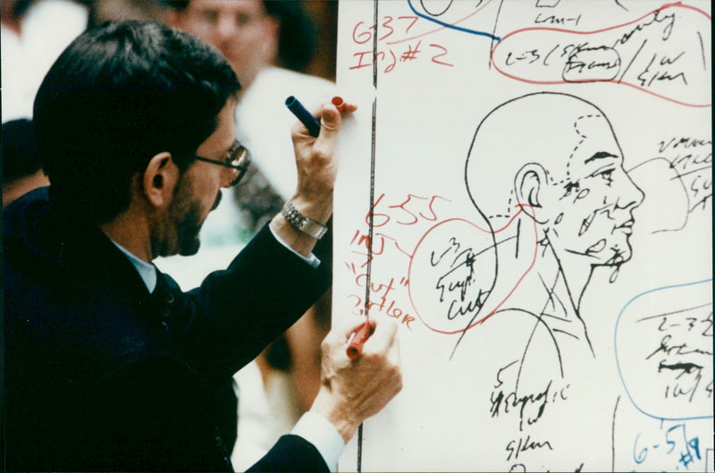 Attorney Brian Kelberg showing where the victims where wounded - Vintage Photograph