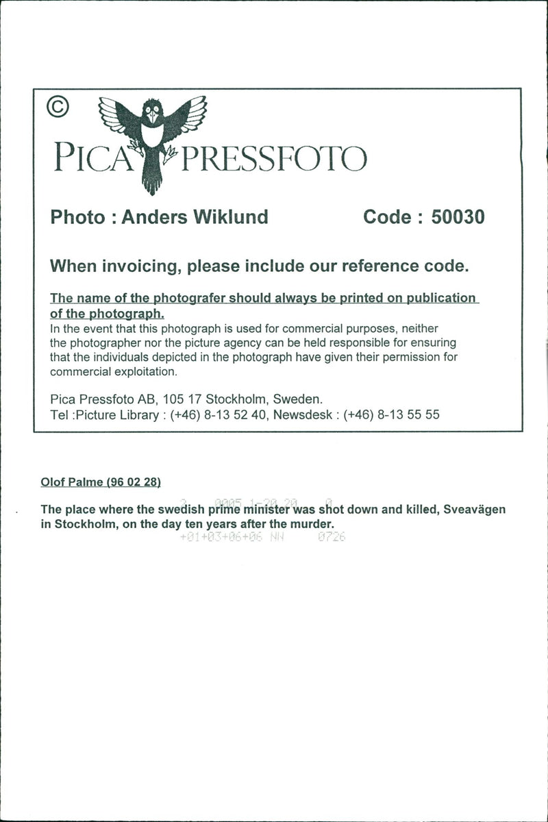 Olof Palme, Swedish Prime Minister. The place where the Swedish Prime Minister was shot down and killed, Sveavägen in Stockholm, on the day ten years after the murder - Vintage Photograph