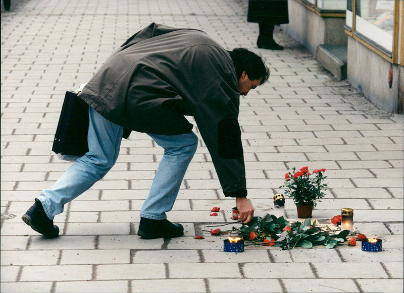 Olof Palme, Swedish Prime Minister. The place where Olof Palme was shot down and killed, Sveavägen in Stockholm, on the day ten years after the murder - Vintage Photograph