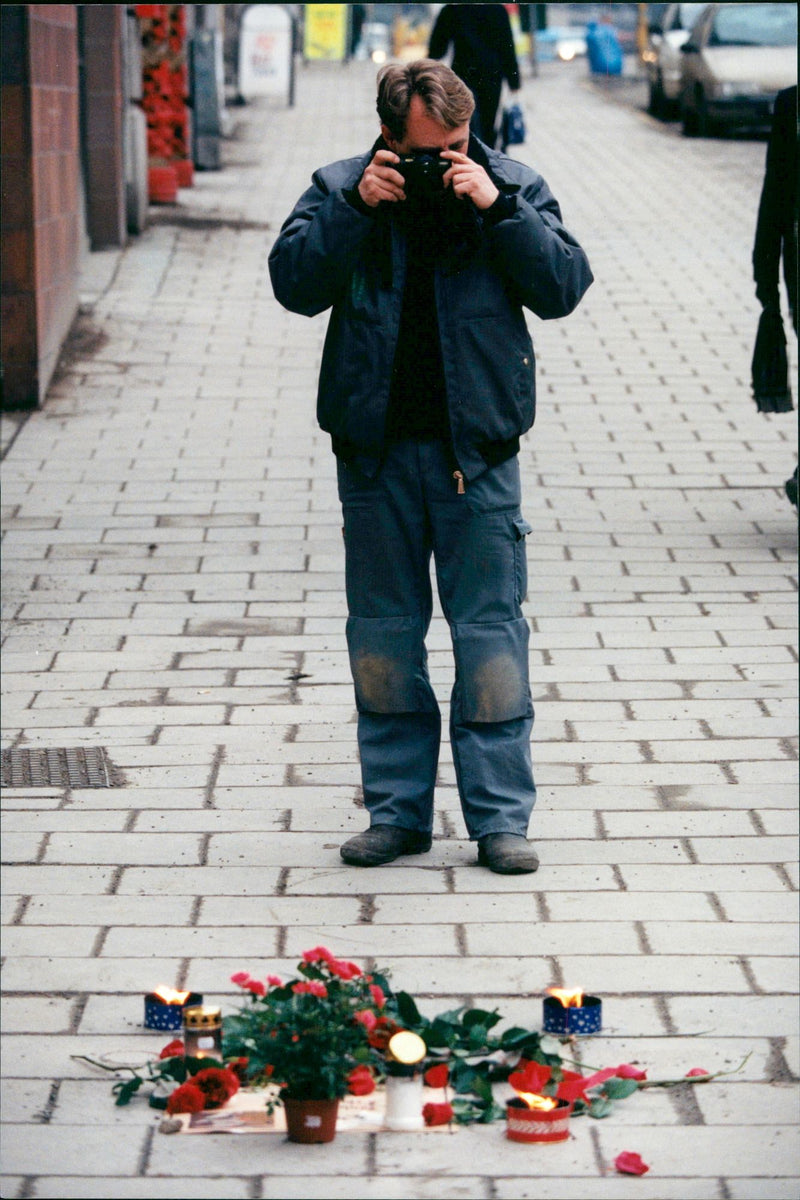 Olof Palme, Swedish Prime Minister. The place where Olof Palme was shot down and killed, Sveavägen in Stockholm, on the day ten years after the murder - Vintage Photograph