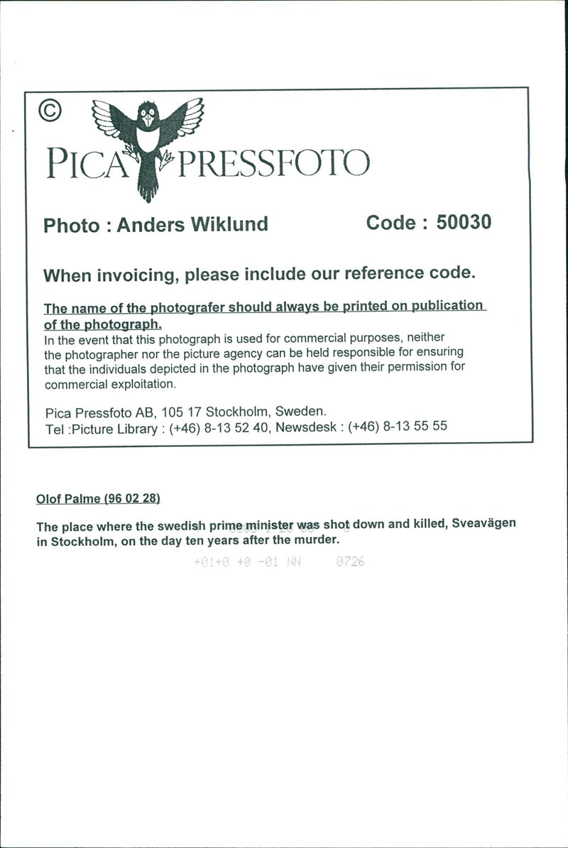 Olof Palme, Swedish Prime Minister. The place where Olof Palme was shot down and killed, Sveavägen in Stockholm, on the day ten years after the murder - Vintage Photograph