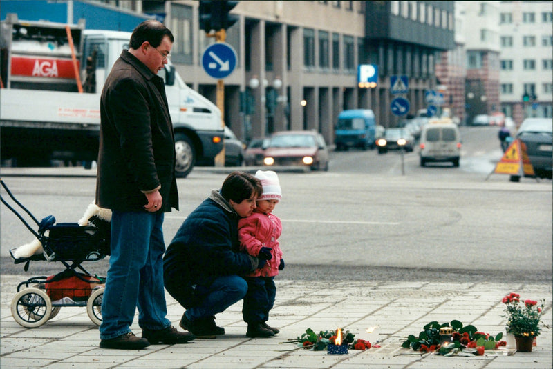 Olof Palme, Swedish Prime Minister. The place where Olof Palme was shot down and killed, Sveavägen in Stockholm, on the day ten years after the murder - Vintage Photograph