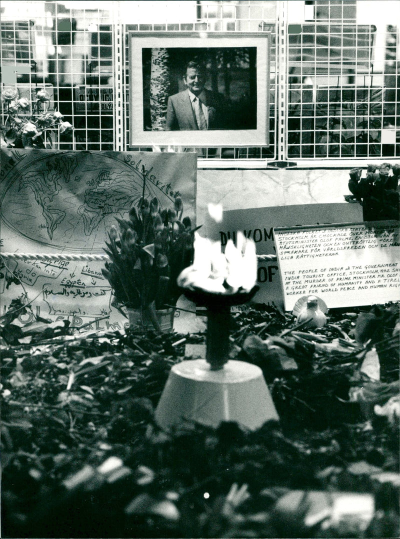 Olof Palme, Swedish Prime Minister. The place where Olof Palme was shot down and killed, Sveavägen in Stockholm, one week after the murder - Vintage Photograph