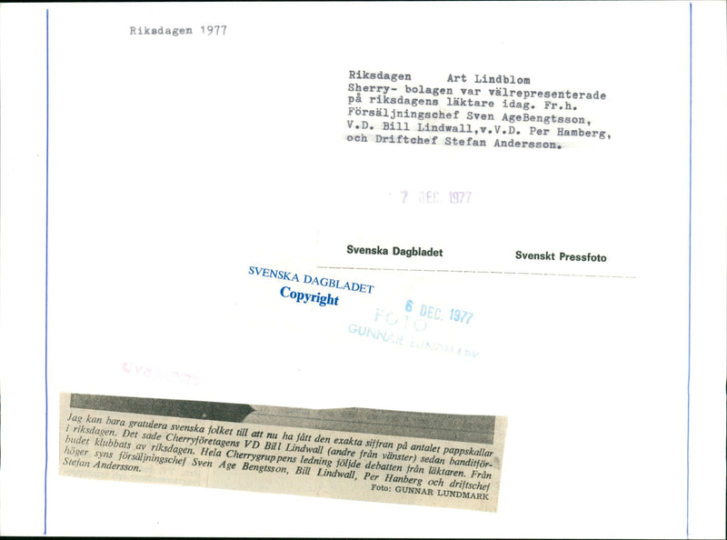 Sales Manager Sven AgeBengtsson, CEO Bill Lindwall, President Per Hamberg and Chief Operating Officer Stefan Andersson during the Riksdag 1977. - Vintage Photograph