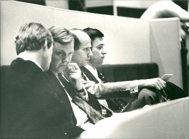 Sales Manager Sven AgeBengtsson, CEO Bill Lindwall, President Per Hamberg and Chief Operating Officer Stefan Andersson during the Riksdag 1977. - Vintage Photograph