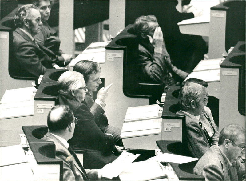 Gunnar StrÃÂ¤ng and Olof Palme during the Riksdag 1977. - Vintage Photograph