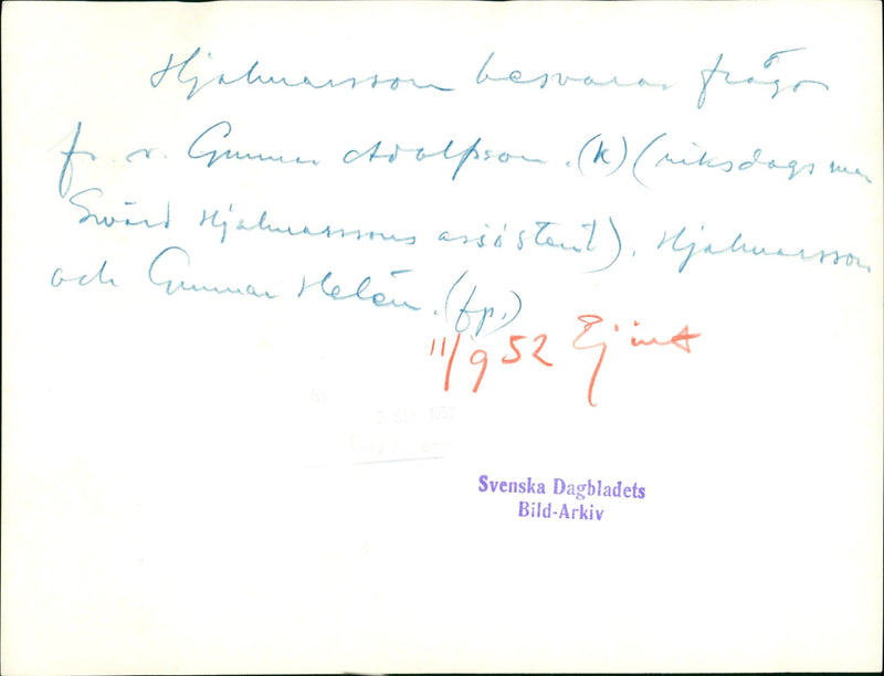 Right-hander Jarl Hjalmarsson answers questions from other politicians - Vintage Photograph