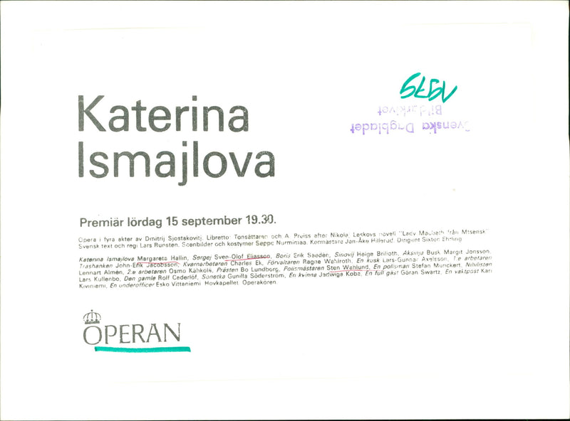 "Katerina Ismajlova" at the Opera Margareta Hallin and Sven-Olof Eliasson - Vintage Photograph