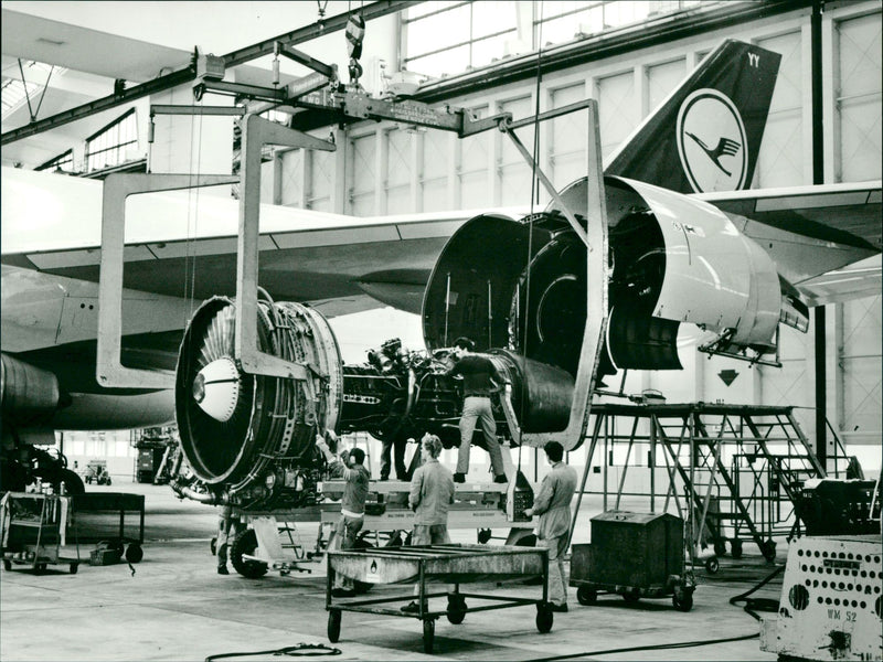 Maintenance hangars at the Lufthansa base. - Vintage Photograph