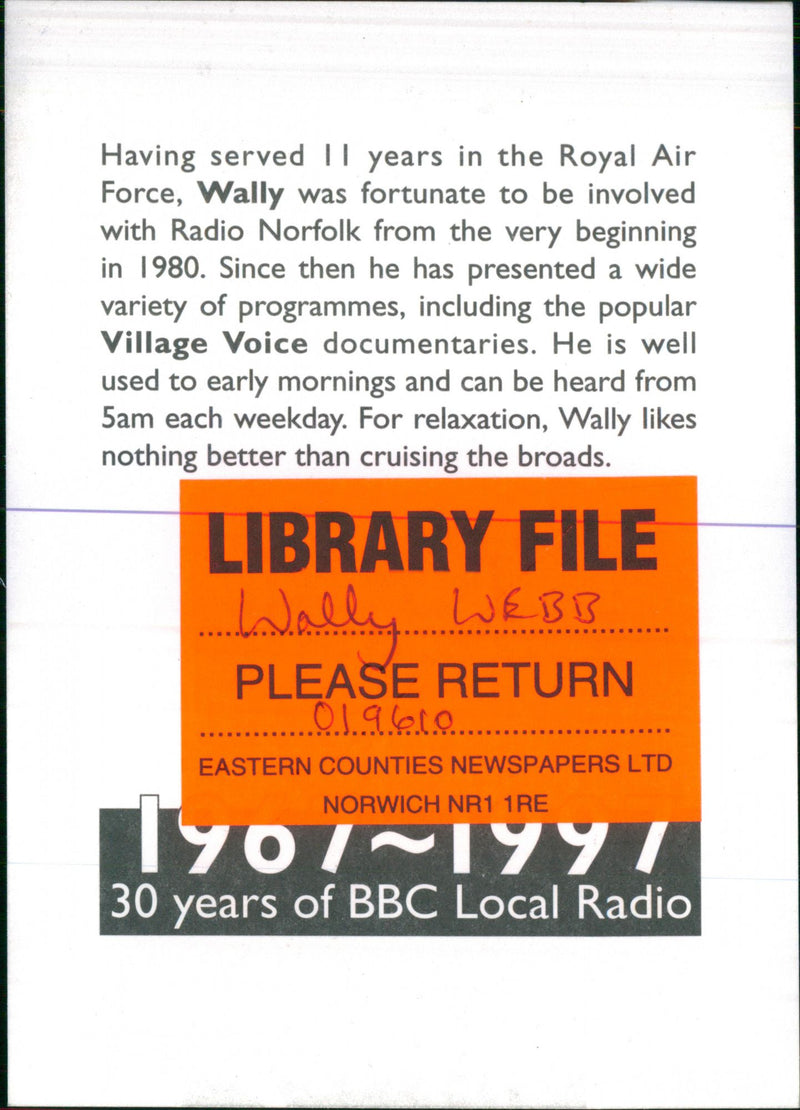 BBC Radio Norfolk's presenter Wally Webb - Vintage Photograph