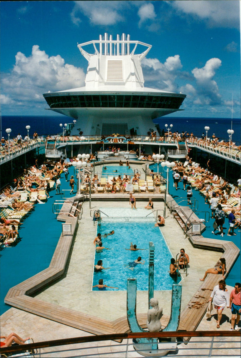 Cunarder Queen Elizabeth 2 and Statue of Liberty. - Vintage Photograph