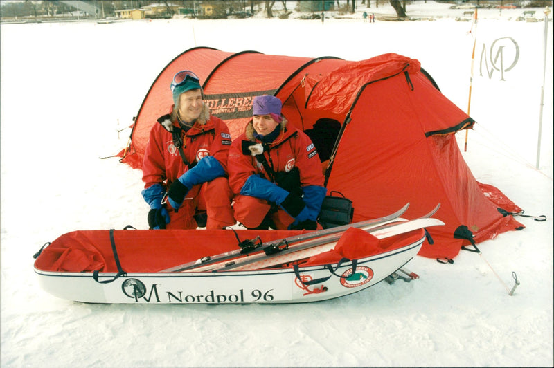 Petter Reuter and BjÃ¶rn Thelin test parts of the equipment before their expedition from Greenland to the North Pole - Vintage Photograph