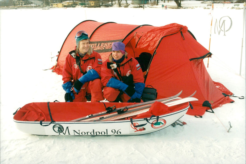 Petter Reuter and BjÃ¶rn Thelin test parts of the equipment before their expedition from Greenland to the North Pole - Vintage Photograph