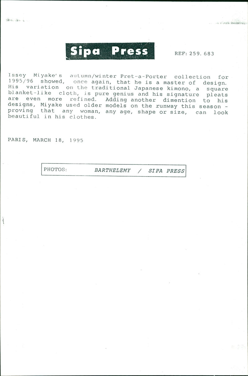 Model on a catwalk in clothing designed by fashion designer Issey Miyake - Vintage Photograph