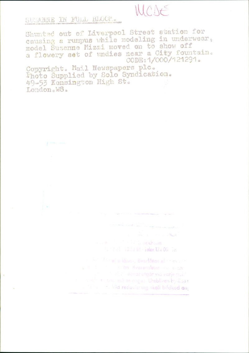 Model Suzanne Mizzi in swimsuit on Liverpool Street in London - Vintage Photograph