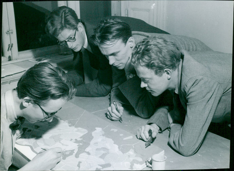 The Pattern Planners Around One of Their Village Models (from left) Rune Rodestam, Lennart Holm, Bengt Hidemark and Gunnar Henriksson - Vintage Photograph