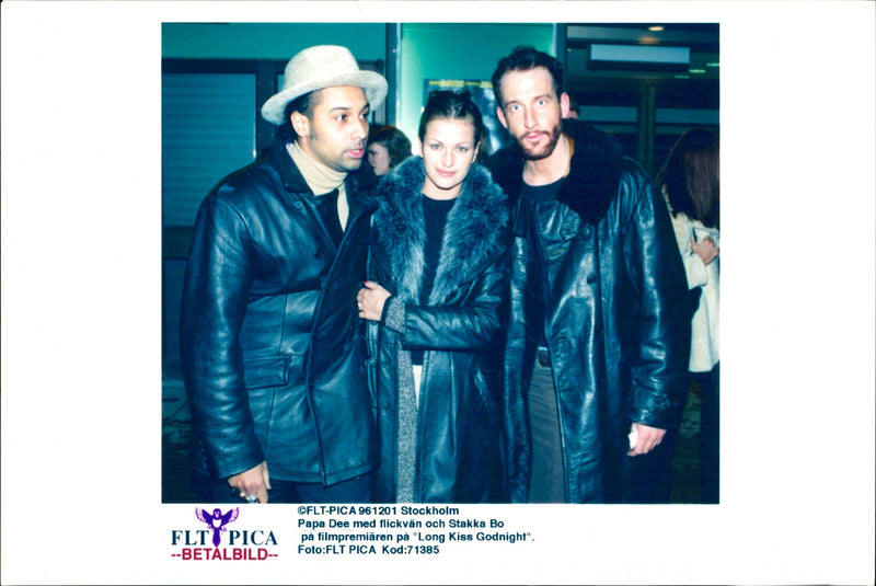 Swedish musician Papa Dee with girlfriend and Stakka Bo at the film premiere at "Long Kiss Godnight" - Vintage Photograph