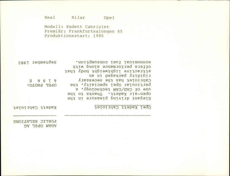 Opel cars, model: Kadett Convertible, model year: 1985 - Vintage Photograph