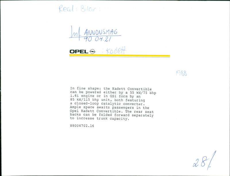 Opel cars, model: Kadett Convertible, model year: 1988 - Vintage Photograph