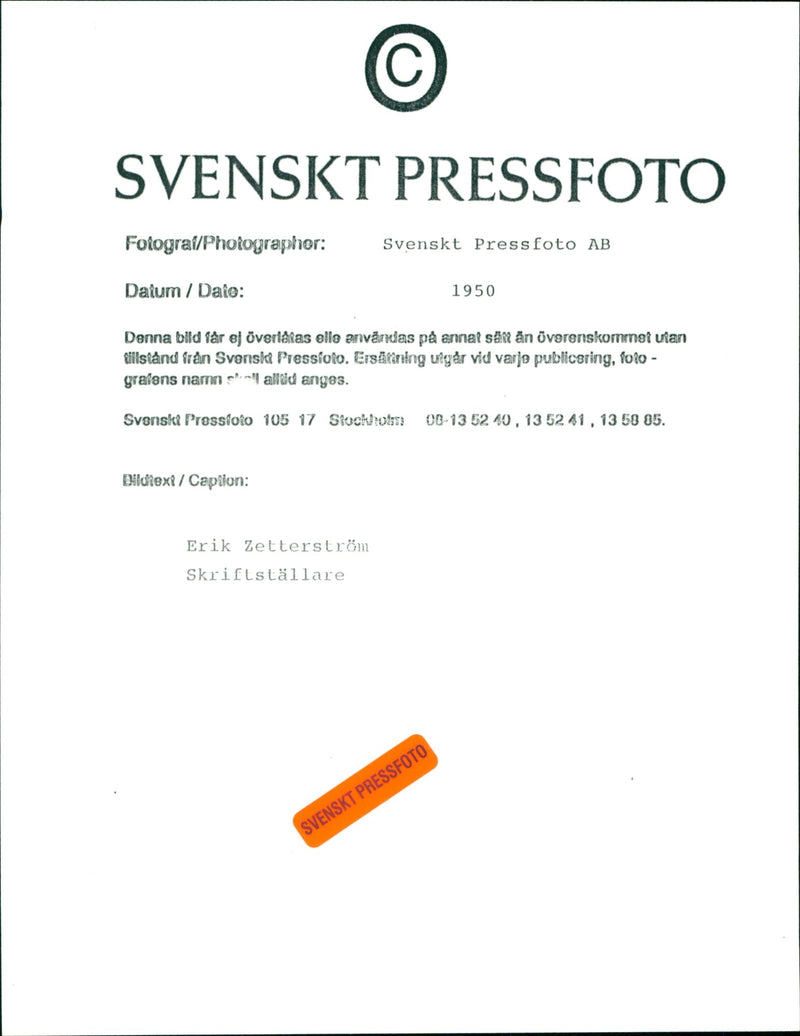 Erik Zetterström is a swedish writer. - Vintage Photograph