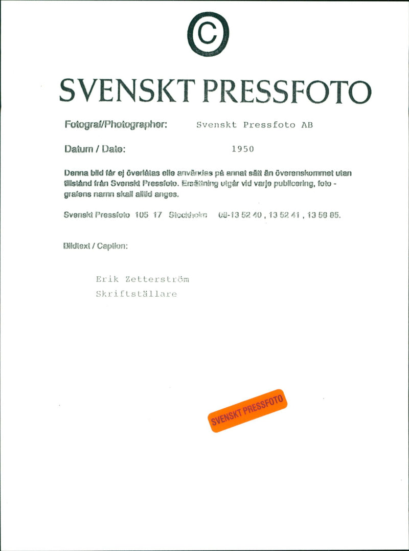 Erik Zetterström is a swedish writer. - Vintage Photograph