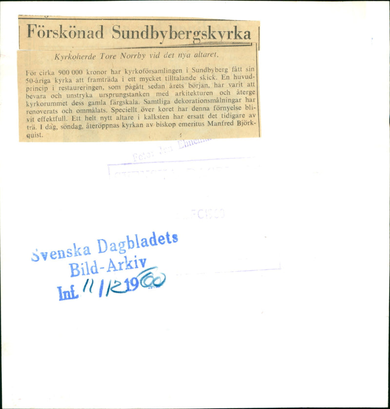 Beautified Sundbyberg Church, Church Pastor Tore Norrby at the new altar. - Vintage Photograph