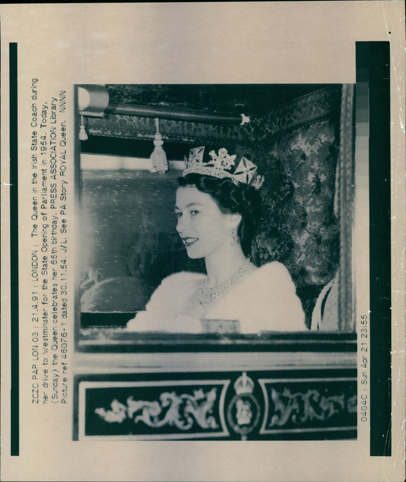 Queen Elizabeth II in the Irish State Coach during her drive to Westminster for the State Opening of Parliament in 1954 - Vintage Photograph