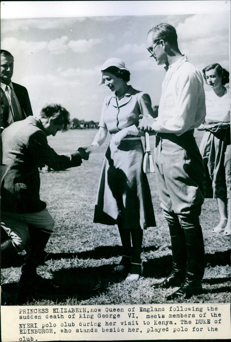 Queen Elizabeth II and Prince Philip meeting members of the NYBRI Polo club during their visit in Kenya - Vintage Photograph