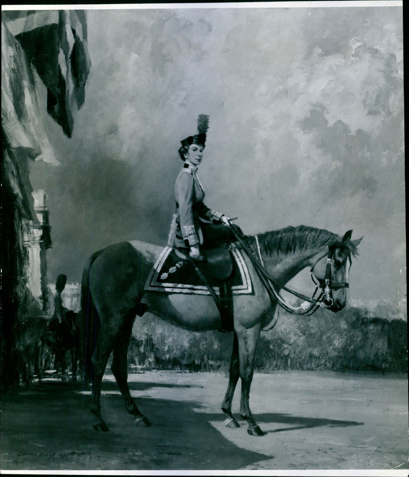 Painting of Queen Elizabeth II as colonel in chief of the coldstream guards. Painting by Edward B. Seago - Vintage Photograph