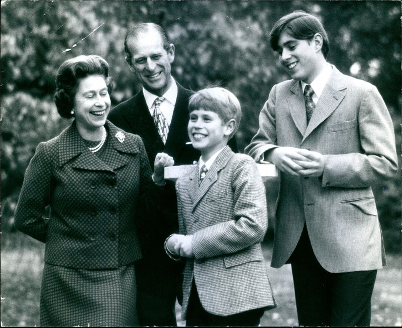 Queen Elizabeth II and Prince Philip, Duke of Edinburgh with Prince Edward and Prince Andrew - Vintage Photograph