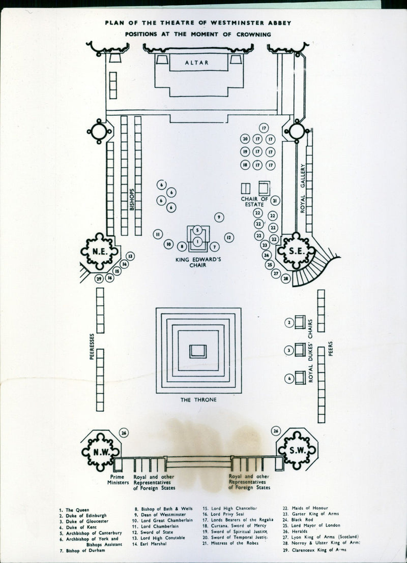 The coronation of Queen Elizabeth II. Plan of the Theatre of Westminster Abbey. Positions at the moment of crowning - Vintage Photograph