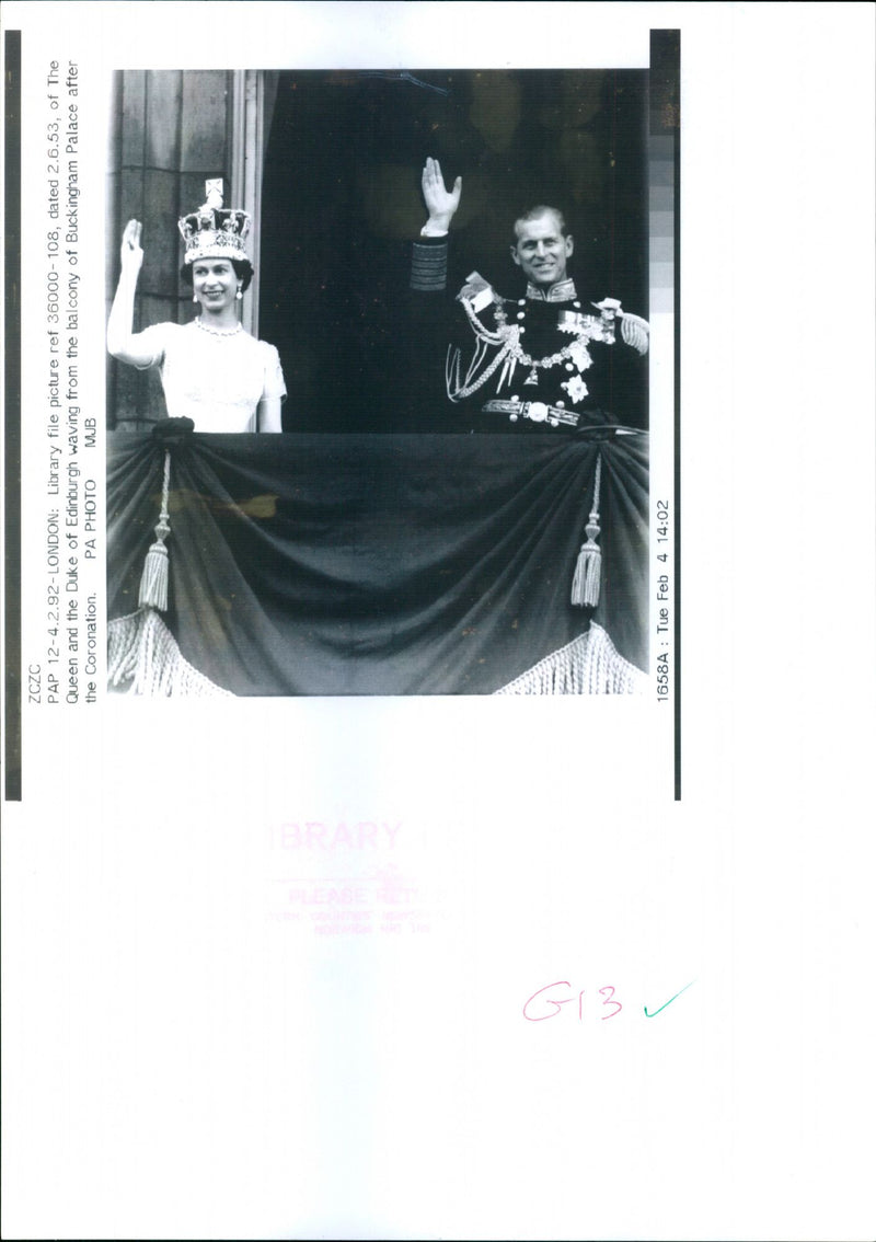 The coronation of Queen Elizabeth II. The Queen and the Duke of Edinburgh waving from the balcony of Buckingham Palace after the Coronation - Vintage Photograph