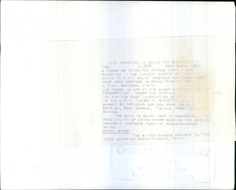 Guided missile cruiser "Little Rock" entering Grand Harbour, Malta - Vintage Photograph