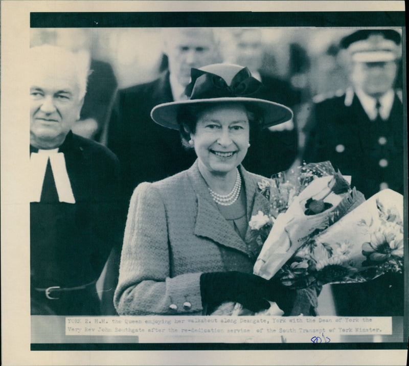 H.M. Queen Elizabeth II with the Dean of York Rev. John Southgate after the re-dedication service of the South Transept of York Minster - Vintage Photograph