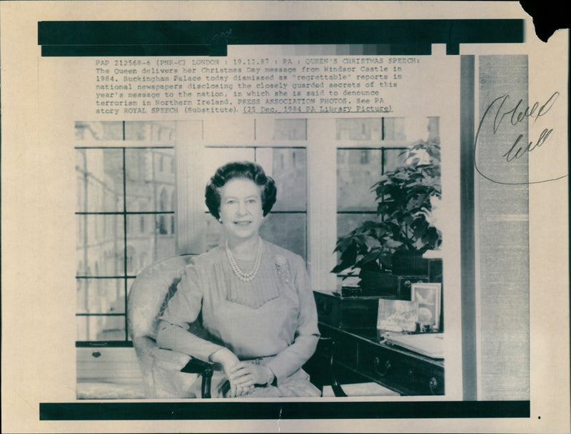 Queen Elizabeth delivering her Christmas Day message from Windsor Castle in 1984 - Vintage Photograph